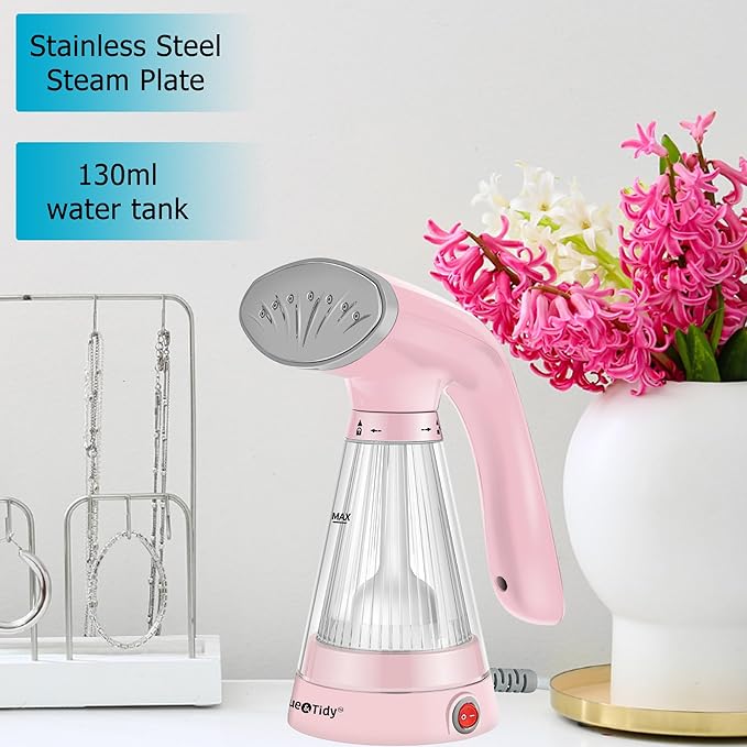 True & Tidy Handheld Portable Handheld Steamer for Clothes with Stainless Steel Steam Plate, 600watts of Powerful Steam, Compact and Lightweight, Pink