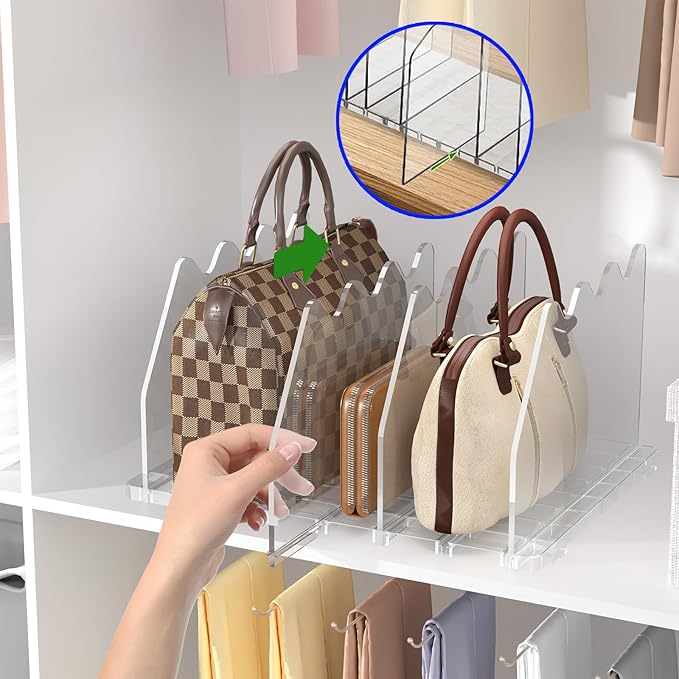 purse organizer for closet Sleek Transparent Acrylic Adjustable Organizer -shelf dividers Multifunctional for Home & Office Spaces (6 Baffles + 1 Hat Stand (Clear, 6+2)