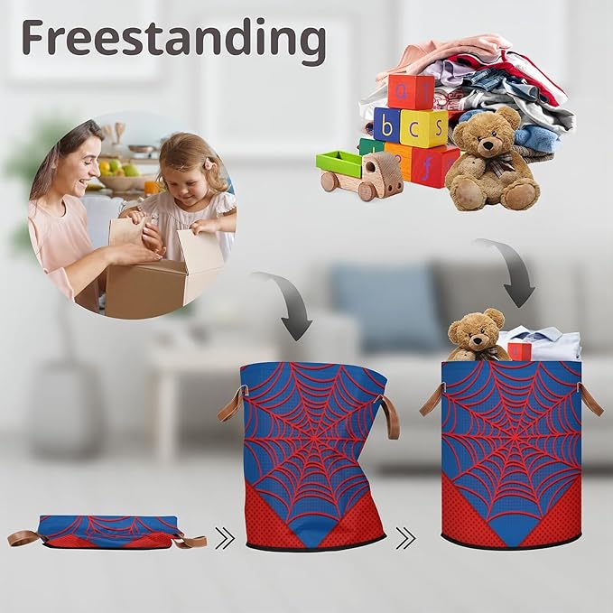 Large Laundry Hamper Basket Blue Spider Web Round Collapsible Storage Organizer Bin for Kids Room, Boys, Nursery, Closet, Bedroom, Playroom, Toys, Dirty Clothes, 16"W x 20"H