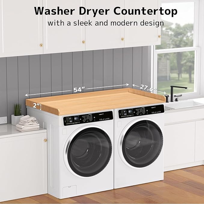 Washer Dryer Countertop 54''W x 27.5" D - Wood Laundry Countertop with Edge Rails, Space-Saving Washer Dryer Topper, Light Wood