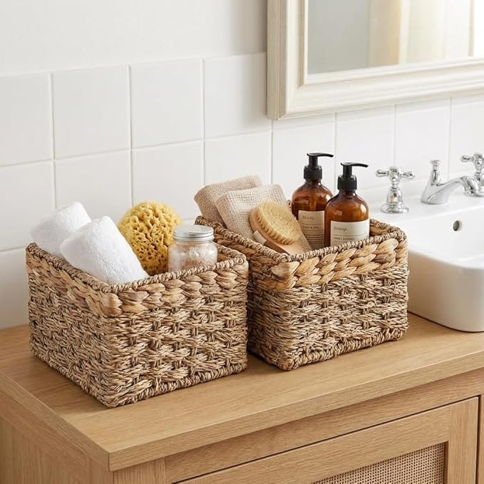 Small Wicker Baskets for Storage 2-Pack, Natural, Woven Baskets for Organizing Living Room, Pantry, Shelves, Wicker, Decorative - Small Size - 8x7x5.5 inches