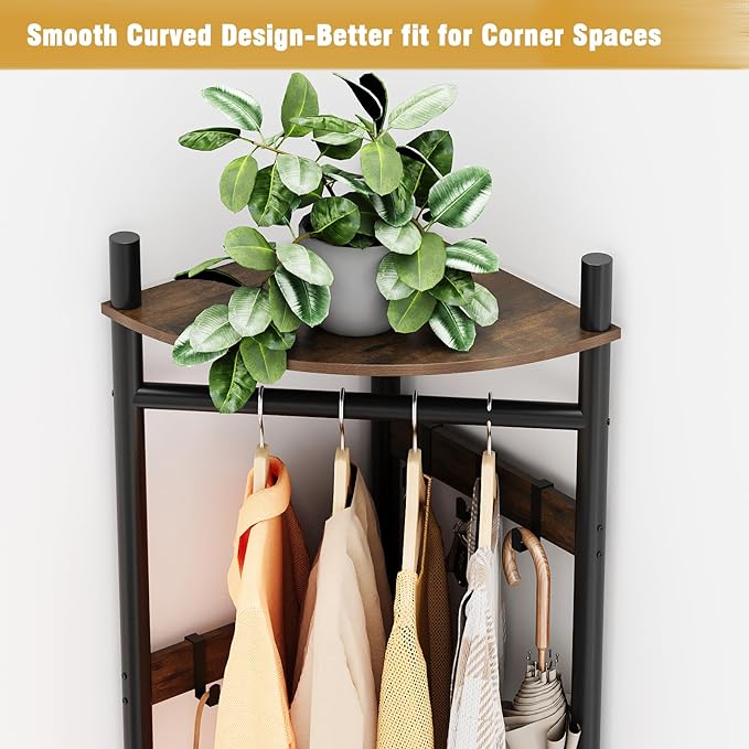 GiftGo Corner Hall Tree with Shoe Rack Entryway Coat Rack with 6 Metal Movable Hooks Floor Standing Clothes Rack Organizer for Home Office Bedroom (Rustic Brown)