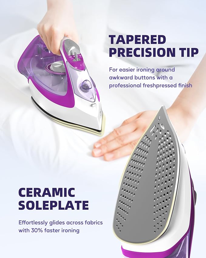 1750W Steam Iron for Clothes, Powerful Steam Iron with Rapid Heating & Ceramic Soleplate, Self-Cleaning, Auto Shut Off, Large Water Tank for Home Use