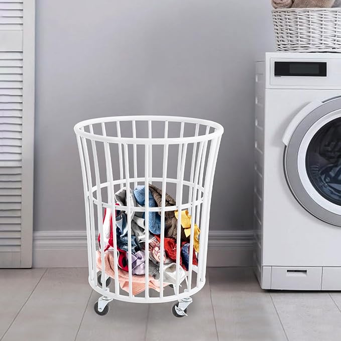Rolling Laundry Basket Cart, Metal Laundry Hamper with Wheels, Laundry Organizer Basket Cart, Clothes Storage Organizer Hamper for Living Room,Bathroom,Closet (White, Round Barrel Shape)
