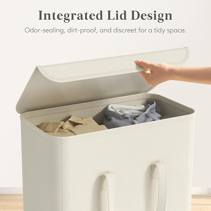 Lifewit Thin Laundry Basket with Lid, Slim Laundry Hamper, Small Dirty Clothes Hamper with Handles for Laundry Room Bedroom Closet, 65L White, 16.1"L x 8.7"W x 28.3"H