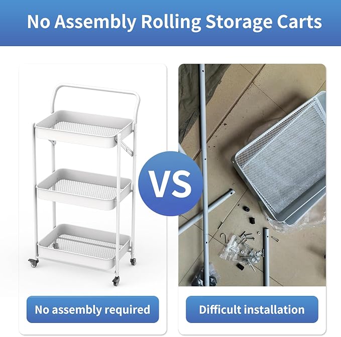 JAQ Foldable Rolling Cart, 3-Tier No Assembly Metal Utility Cart with Handle, Heavy Duty Folding Storage Trolley Organizer on Wheels for Kitchen, Office, Craft Art, Baby Diaper, Snacks, Books, White
