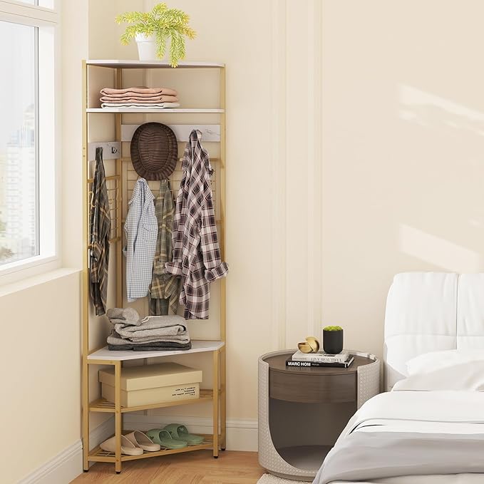Giantex Corner Hall Tree, 73" Tall Coat Rack w/Shoe Storage Bench, 12 Metal Hooks, 5-Tier Entryway Shoes Shelf Organizer, Freestanding Clothes Rack for Living Room, Bedroom (White & Gold)