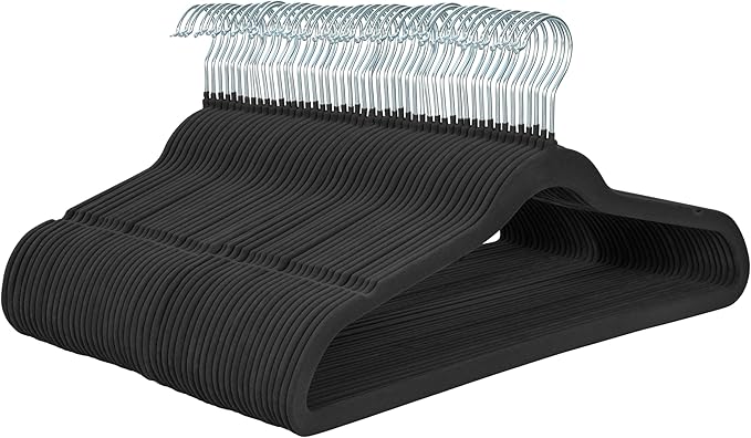Velvet Hangers 50 Pack, Non Slip Clothes Hanger Felt Hanger with Pants Bar, Premium Quality Slim Space Saving Suit Hangers for Closet Organizer, Heavy Duty Coat Hanger, 360° Rotating Hook(Black)