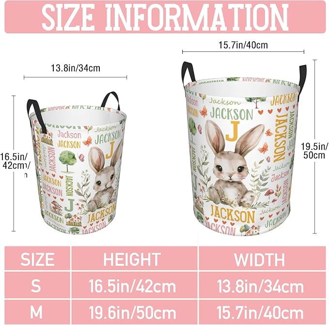 Bunny Laundry Basket,Custom Laundry Hamper with Name,Personalized Bunny Gifts for Boys Girls,Customize Collapsible Laundry Basket for Bedroom Bathroom,S-16.5"x 13.8"