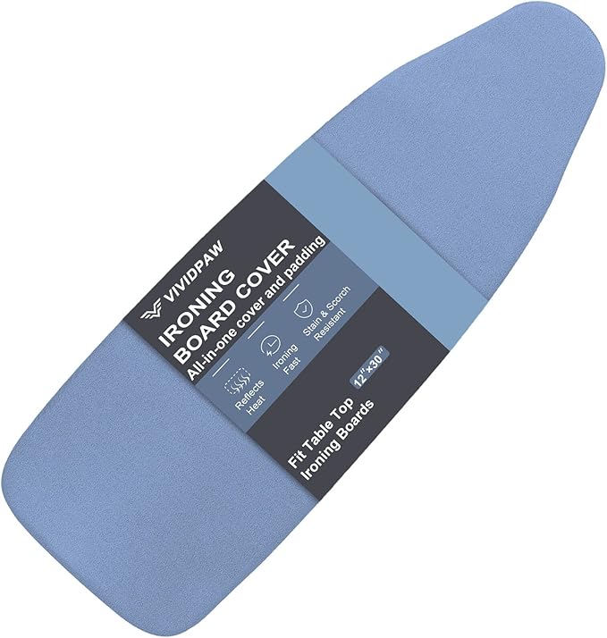 Small Ironing Board Cover and Pad 12.5 x 30, Elastic Edge, Silicone Coated, Resist Scorching, Heavy Duty Padded Cover for Mini Table Top Iron Board (Silicone Coating-Blue, 12" x 30")