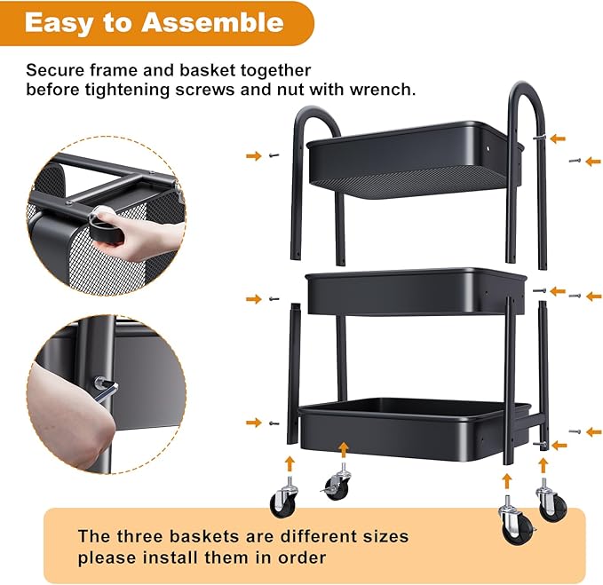 3 Tier Black Rolling Cart Metal with Wheels, Basket, Cups & Hooks, Three Tier Utility Carts on Wheels, Can Organizer for Pantry Floor, Kitchen Storage Rack, Snack Shelf Carts, Vianderos para Cocina