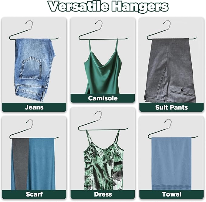 IPOW 4MM Heavy Duty Metal Pants Hangers, 24 Pack Jean Hangers for Closet, Open Ended Clothes Hanger for Pant Slack Trouser Scarf, Space Saving, Non Slip, Dark Green