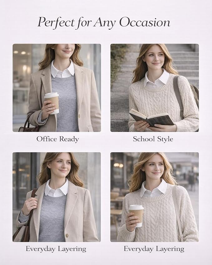 4 Pack Detachable Dickey Collar Blouse for Women, Fake White Collar Shirt, Faux Shirt Collared Bib for Under Sweater