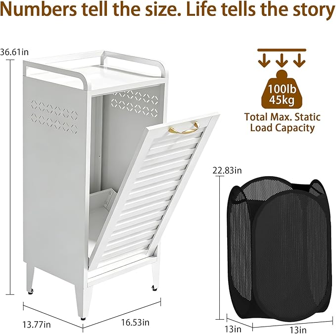 Metal Tilt Out Laundry Hamper，Removable Basket, White bathroom cabinet，13"L × 16"W × 36"H，Cold rolled steel material for Bedroom, laundry room, bathroom-Space saving design