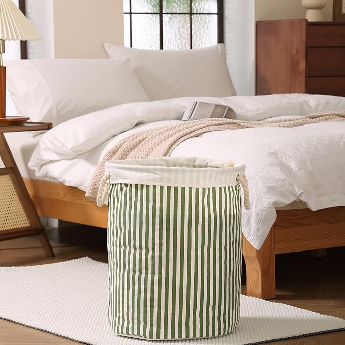 Large Storage Laundry Hamper Basket 62L with Handles for Dirty Clothes Toy Organizer Bins, Waterproof, Collapsible Laundry Hamper, Classic Stripes Pattern, Green Color,1-Pack, Bathroom, Dorm
