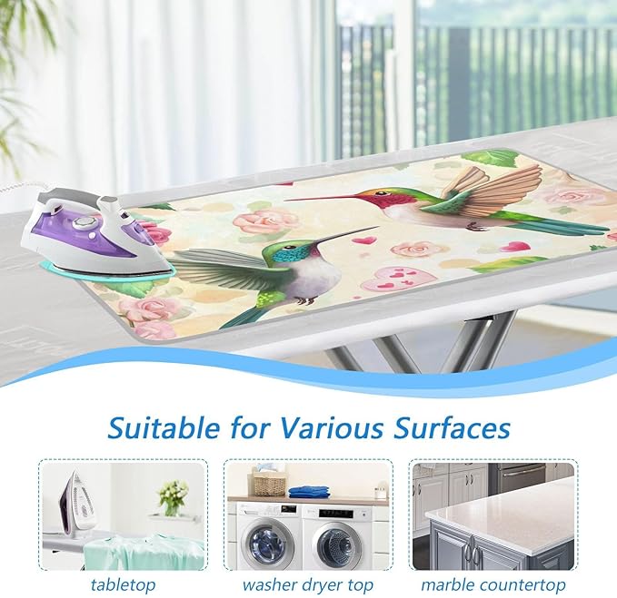 Ironing Mat &Pad Magnetic Heat Resistant Pads Portable Travel Ironing Blanket Ironing Board Covers 27.6x47.2Inches Hummingbirds Roses and Hearts01