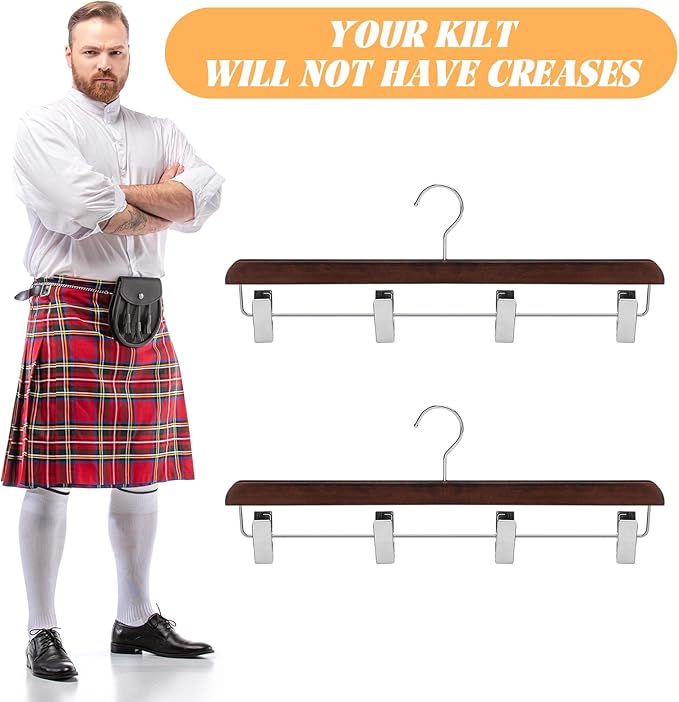 2 Pcs Kilt Hanger 20 Inches Wooden Duty Skirt Hangers with 4 Clips for Closet (Nut Brown)