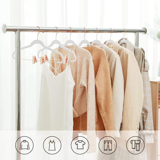 SONGMICS 24-Pack Velvet Pants Hangers, 16.7-Inch Long Coat Hangers with Rose Gold Colored Movable Clips, Heavy-Duty, Non-Slip, Space-Saving, for Pants, Skirts, Dresses, White UCRF014W01