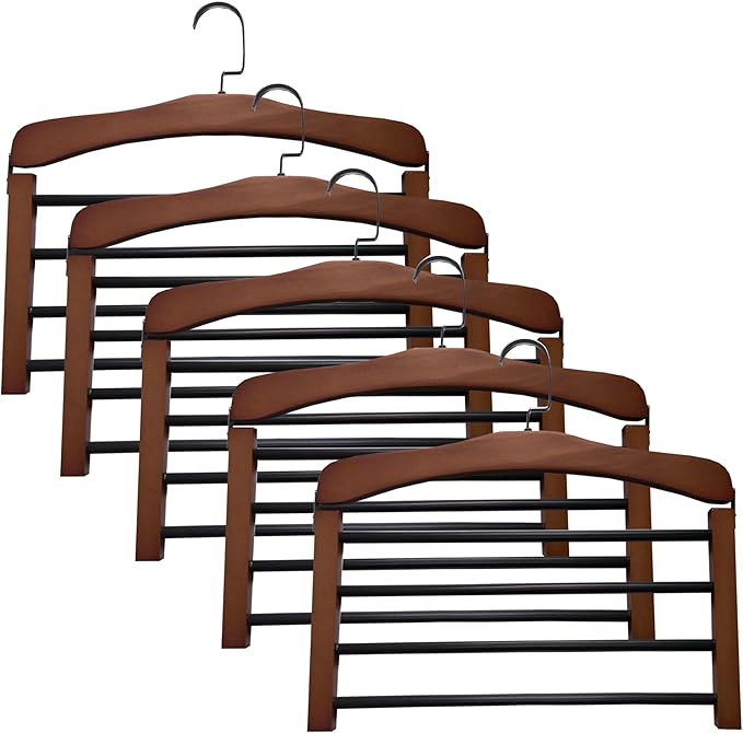 Wooden Pant Hanger Space Saving - 4 Tier Closet Storage Hanger Organizer for Jeans Legging Scarves Pants Towels, 5 Packs, Brown