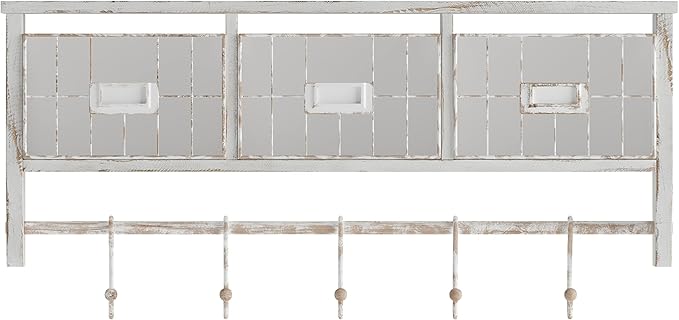 Flash Furniture Daly Wall Mounted Storage Rack - Whitewashed Solid Pine Wood - 24 Inch - Upper Shelf - 5 Hooks - Wire Baskets - For Entryway, Kitchen, Bathroom