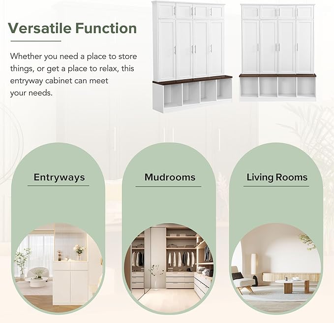 Multi-Functional Hall Tree with 4 Hidden Hanging Hooks, Brown Wood Grain Bench with Multiple Storage Space, Entryway Cabinet with Open Compartments for Living Room, Hallway (White-15.6)