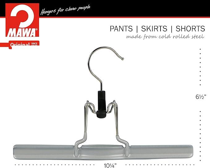 Mawa by Reston Lloyd Non-Slip Space-Saving Clothes Hanger with Clamp for Pants and Skirts, Style M/26, Set of 6, Silver