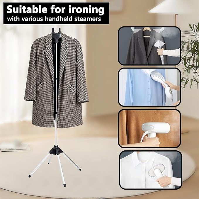 Foldable Clothes Steamer Stand with Adjustable Height & Ironing Gloves – Universal Garment Steamer Rack Compatible with Most Steamers, Portable Hanging Rack for Easy Steaming and Storage (Black)