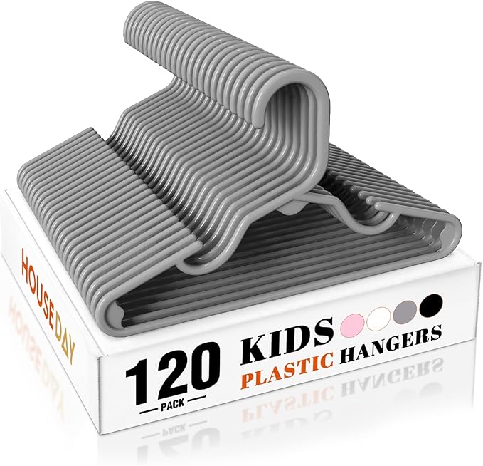HOUSE DAY Premium Baby Hangers 120 Pack, 11 Inch Kids Plastic Hangers Grey, Slim Childrens Hanger for Infant, Toddler, Child Clothes, Non-Slip Sturdy and Durable Baby Clothes Hanger for Closet