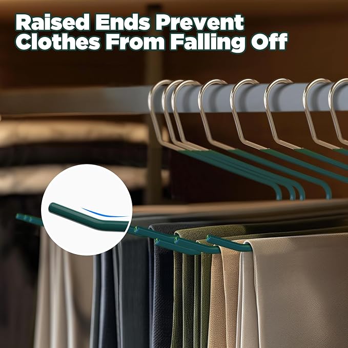 IPOW 4MM Heavy Duty Metal Pants Hangers, 24 Pack Jean Hangers for Closet, Open Ended Clothes Hanger for Pant Slack Trouser Scarf, Space Saving, Non Slip, Dark Green