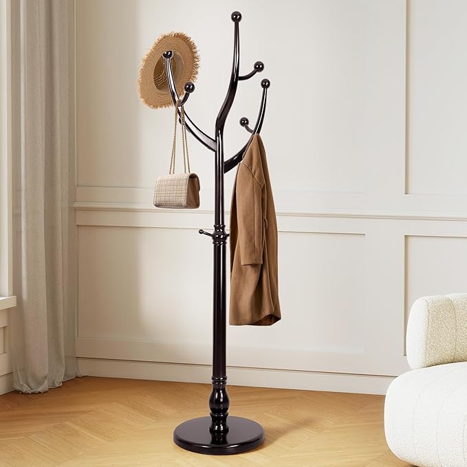 Freestanding Rubberwood Coat Rack, 11 Hooks & 16.5" Wide Round Base, Wooden Coat Rack Stand, Coat Hanger Free Standing Hall Tree for Entryway, Hallway, Bedroom, Jacket, Clothes (Wine Red)