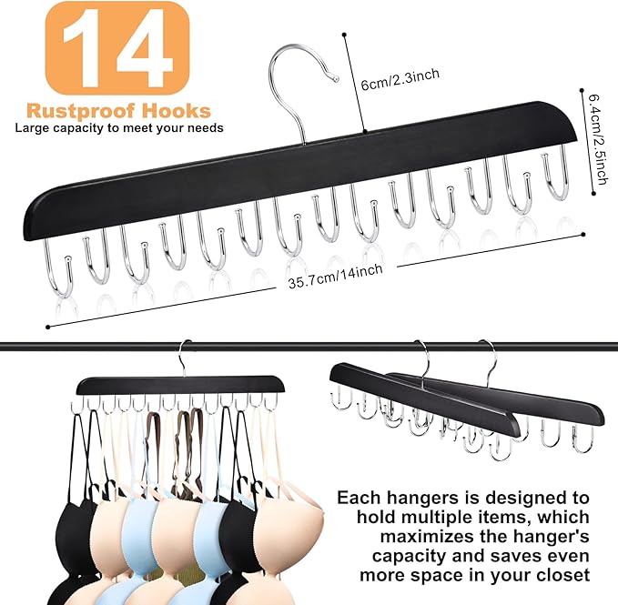 2 Pack Bra Hanger, Wooden Tank Top Hangers with 14 Foldable Hooks, Bra Hanger for Closet Organizer，Premium Wooden Space Saving Hangers Closet Organizers and Storage for Dorm & Apartment (Black)