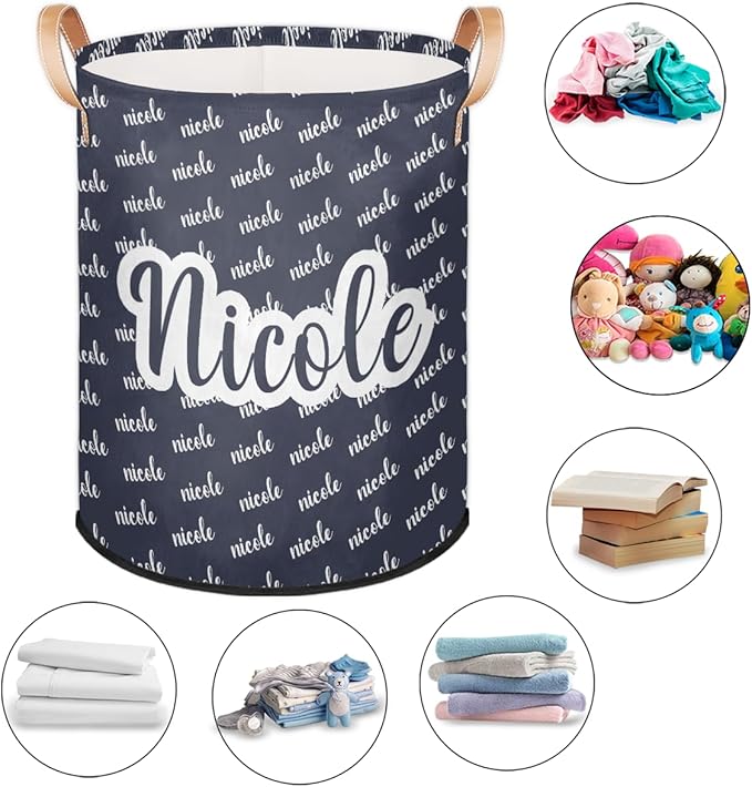 Custom Name Laundry-Hamper, Personalized Kids-Clothes-Hamper Foldable with Name, Customized Storage Basket with Handles Waterproof Gift for Boys Girls Baby Women, Dark Blue