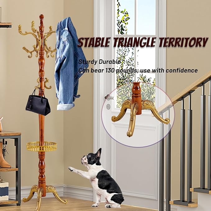 73 in Wood Coat Rack, Coat Rack Freestanding with Stable Round Base, Adjustable Height Tree Coat Racks Stand for Home Bedroom Office Hallway Entryway (Begonia Tray)