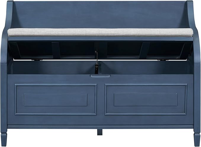 Bellemave Storage Bench with Safety Hinge Wooden Entryway Benches with Shoe Cabinets Under Seat Multifunctional Storage Bench for Entryway, Foyer or a Mudroom (Antique Navy+ Beige)