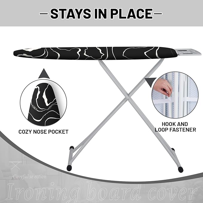 Extra Thick Ironing Board Cover and Pad, 15x54 Ironing Board Cover, Resist Scorching and Staining,Elastic Edges,Modern Art Geometric Black