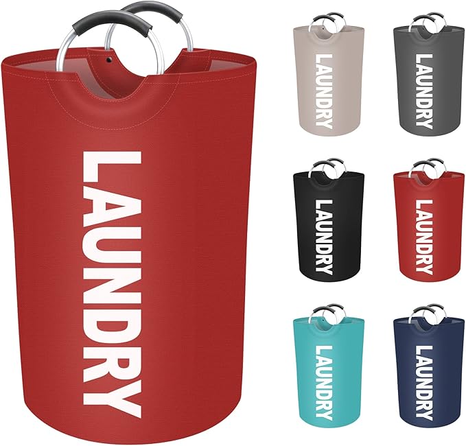 75L Large Laundry Basket, Freestanding Waterproof Laundry Hamper, Collapsible Folding Tall Clothes Hamper, Easy Carry with Foam Protected Aluminum Handles for Dorm, Family, Travel (Red)
