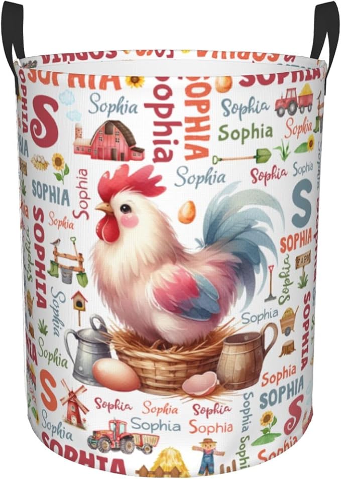 Personalized Farm Chicken Laundry Basket For Baby Kids Boys Girls Adult Custom Hamper Basket With Name For Bathroom Bedrooms Collapsible Baby Laundry Basket, Dirty Clothes Hamper With Handles