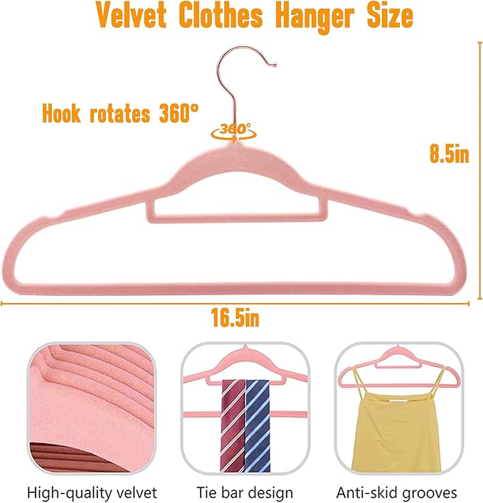 Pink Velvet Hangers 50 Pack - Rose Gold Hook, Space Saving Non-Slip Clothes Hangers, 16.5 Inch with Tie Bar for Coats,Sweater,Jackets,Dresses, Shirts, Suits & T-Shirts