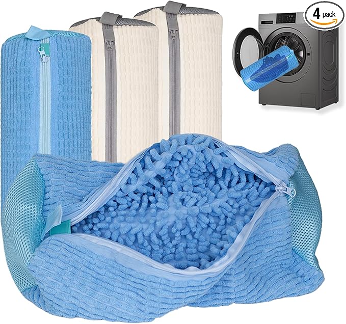 Shoe Washing Machine Bag, 4 Pcs Laundry Shoe Bags for Washer and Dryer with Chenille Liner, Large Reusable Mesh Bag for Sneakers, Gym, Tennis, Sports, Delicate, 2 Color Mix (Blue+Beige)