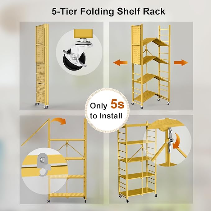 Himix Storage Shelves with 20 Hooks, 5-Tier Foldable Shelves for Storage, Folding Shelf Unit Pantry Shelves with Wheels, Standing Shelving Unit for Kitchen Garage Home Office Room Greenhouse, Gold