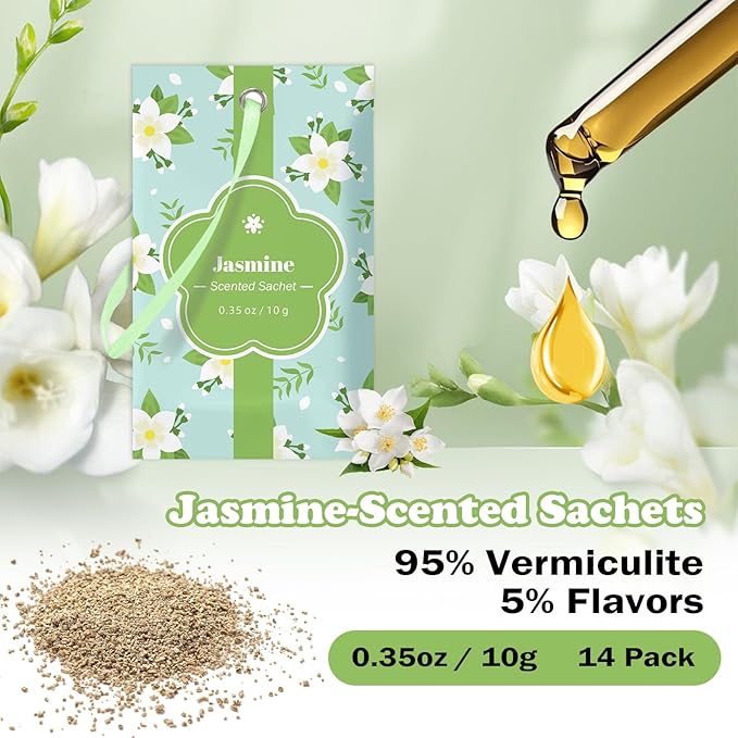 SCENTORINI Scented Sachets for Drawers and Closets, Jasmine Scent 14 Pack, Long-Lasting Sachets Bags Wardrobe Freshener for Cupboard, Shoecase, Gym Bags, Suitcases