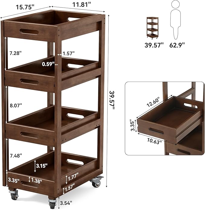 Solid Wood Storage Cart, 4-Tier Slim Kitchen Rolling Cart with Wheels, Narrow Mobile Utility Organizer Shelving Unit for Small Space, Living Room, Dining Room, Laundry, Walnut