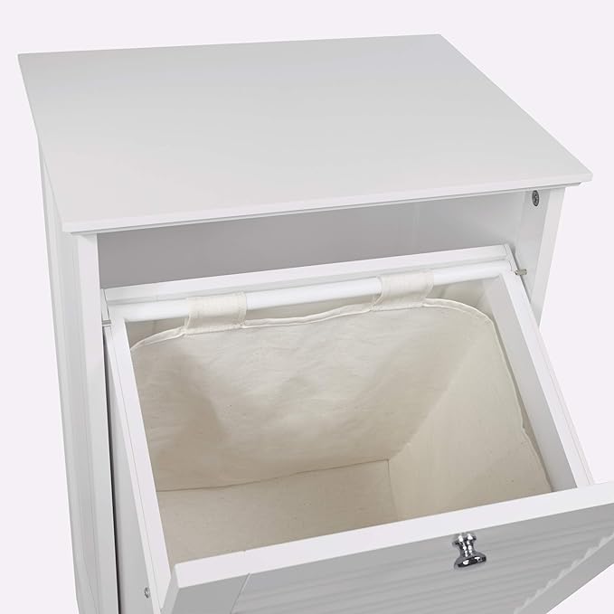 RiverRidge Ellsworth Laundry Cabinet with Tilt-Out Door, Removable Cloth Bag, Shutter Design & Polished Silver Knob Laundry Room Storage Cabinet.