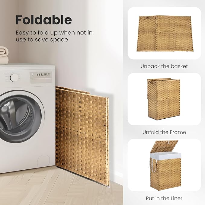 NEWBULIG Foldable Laundry Hamper with Lid, 23.8 Gallon (90L) Large Capacity Clothes Basket, Double Insert Storage Organizer Bin for Bedroom, Bathroom & Laundry Room, Yellow
