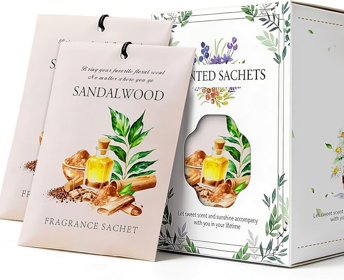 Sandalwood Scented Sachet Bags - 12 Pack Closet & Drawer Freshener, Long Lasting Odor Eliminator for Wardrobes, Cars & Storage, Home Fragrance Air Freshener Sachets