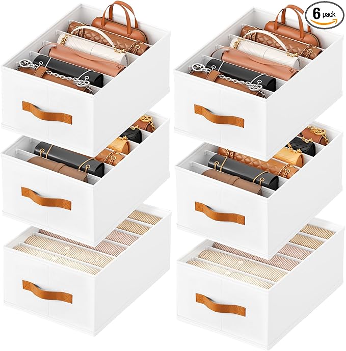 Purse Organizer for Closet, Fabric Handbag Storage Organizer with Handles, Foldable Bag Organizer Drawer for Flat Handbags, Clothes, Towels or Pants, Closet Storage Organizer, White, 6 Pack