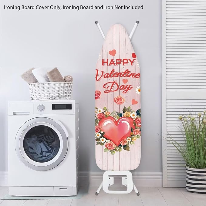 Love Heart Ironing Board Cover Floral Heavy Duty Iron Pad Covers Romantic Standard Boards Full Size Scorch Resistant, Wood Print, Valentines Day Decoration