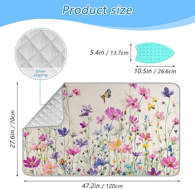 Ironing Mat Pad for Table Portable Travel Iron Blanket Ironing Board Covers Pressing Mat Heat Press Pads 27.6x47.2 Inches Watercolor Butterfly and Flowers31