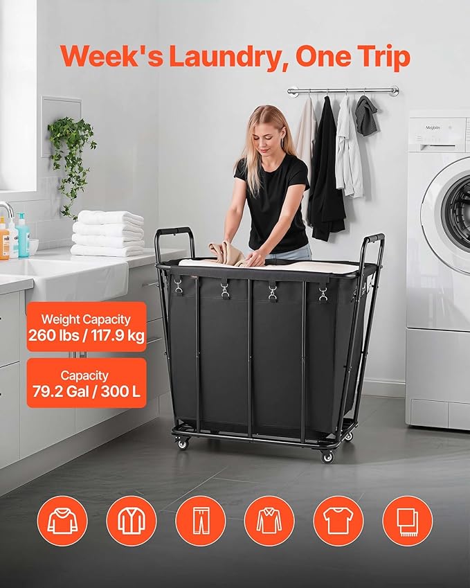 VEVOR Laundry Cart, Rolling Grocery Utility Cart with Waterproof Liner & Swivel Wheels, 260 LBS Large Load Capacity, Heavy Duty Shopping Basket for Laundry, Shopping, Camping, Grocery, Luggage, Black