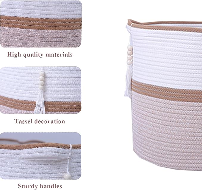 Large Woven Rope Laundry Hamper, Cotton Rope Storage Basket with Handles, Multipurpose Storage Basket for Laundry, Toys, Blankets in Bedroom, Bathroom, Living Room - Stylish & Durable (Brown, 55L)